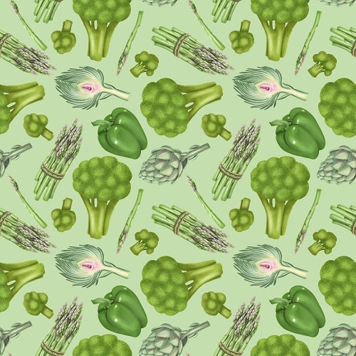 supporting liver health. canvas of different foods like broccoli, asparagus, and artichoke in a lovely pattern in the color green on a green background